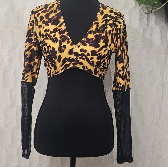 ICONSWIM Leopard Print V-Neck Top with Black Mesh Sleeves - Picture 2 of 5